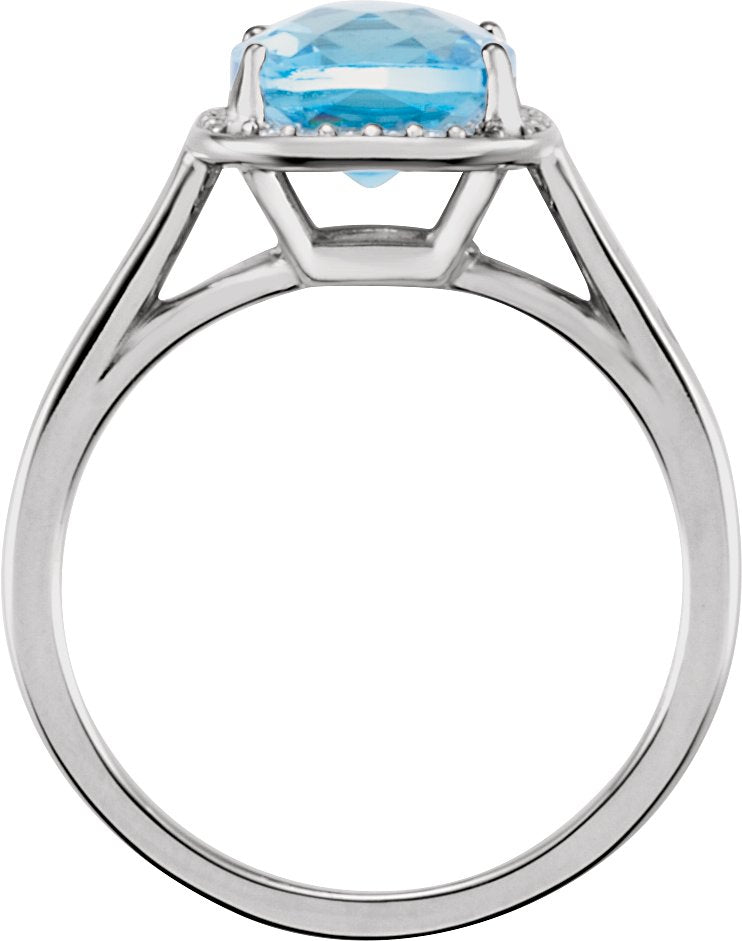14K White Swiss Blue Topaz & .055 CTW Diamond Halo-Style Ring