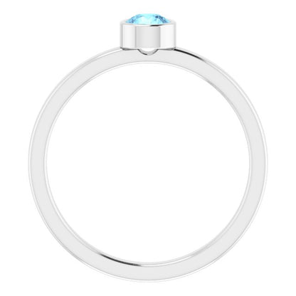 14K White 4 mm Round Aquamarine Ring