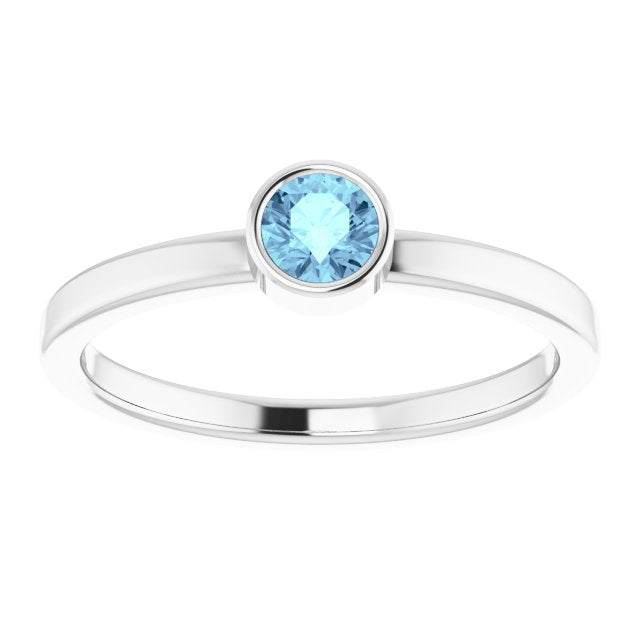 14K White 4 mm Round Aquamarine Ring