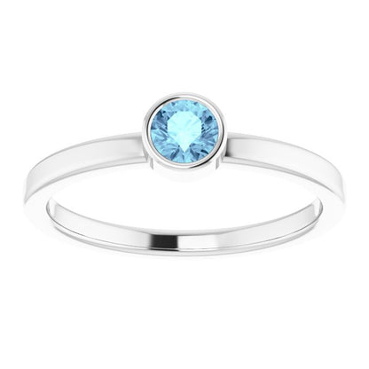 14K White 4 mm Round Aquamarine Ring