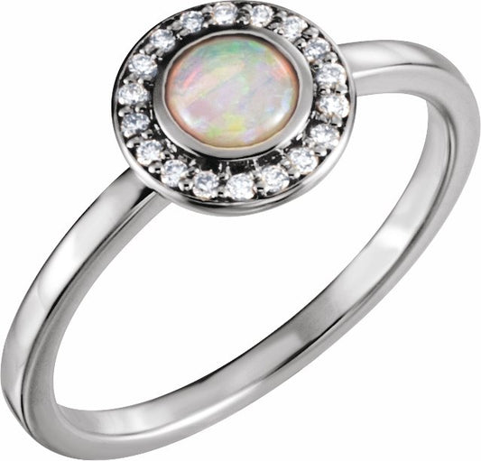 14K White Opal & .07 CTW Diamond Halo-Style Ring