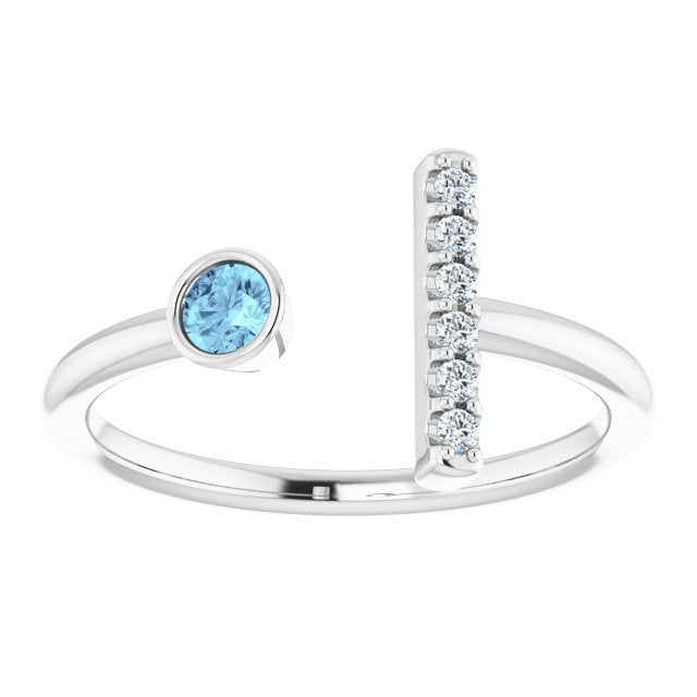 14K White Aquamarine & .06 CTW Diamond Bar Ring