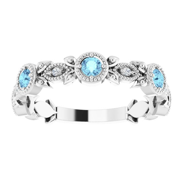 14K White Aquamarine & .03 CTW Diamond Leaf Ring