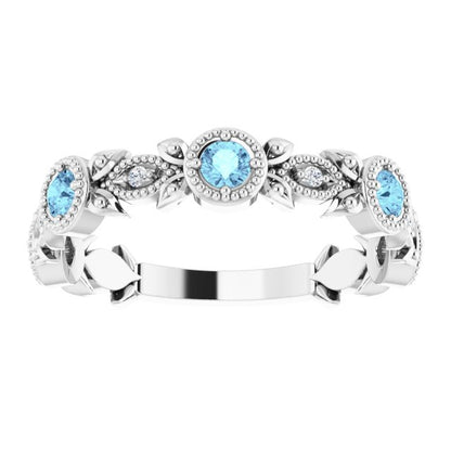 14K White Aquamarine & .03 CTW Diamond Leaf Ring