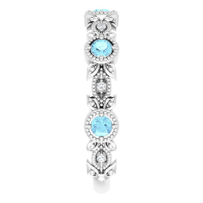 14K White Aquamarine & .03 CTW Diamond Leaf Ring