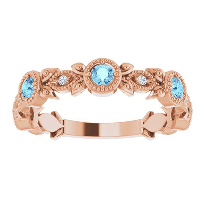 14K Rose Aquamarine & .03 CTW Diamond Leaf Ring
