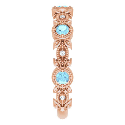 14K Rose Aquamarine & .03 CTW Diamond Leaf Ring