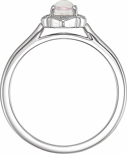 14K White Rainbow Moonstone & .03 CTW Diamond Clover Cabochon Ring
