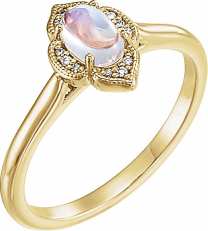 14K Yellow Rainbow Moonstone & .03 CTW Diamond Clover Cabochon Ring