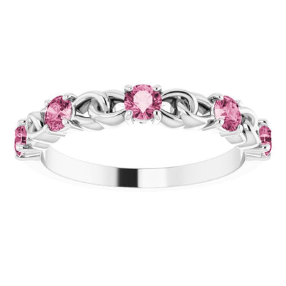 14K White Pink Tourmaline Stackable Link Ring