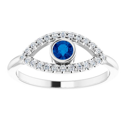 14K White Blue Sapphire & White Sapphire Evil Eye Ring