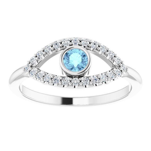 14K White Aquamarine & White Sapphire Evil Eye Ring