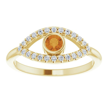 14K Yellow Citrine & White Sapphire Evil Eye Ring