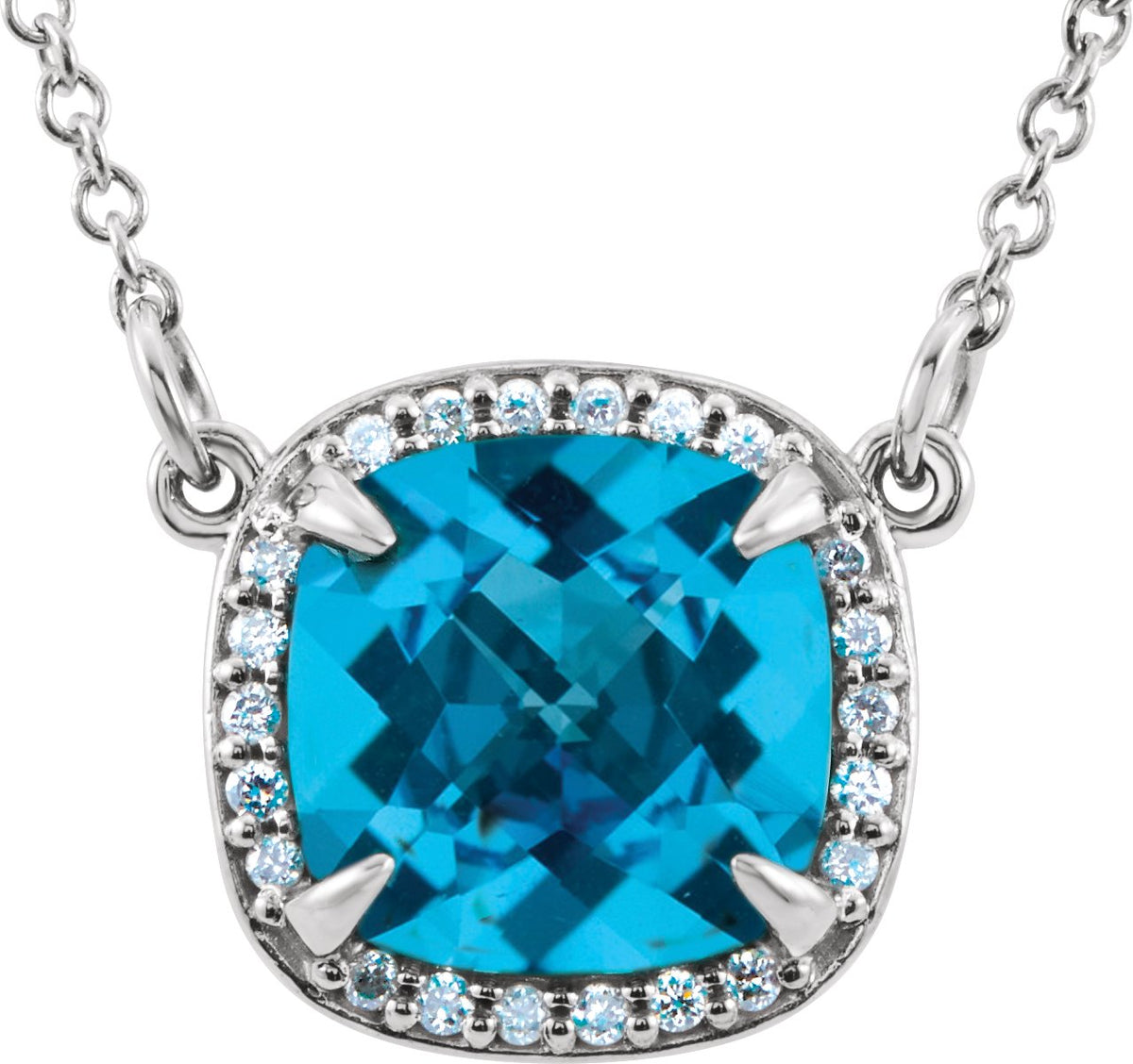 14K White Swiss Blue Topaz & .06 CTW Diamond 16 Necklace