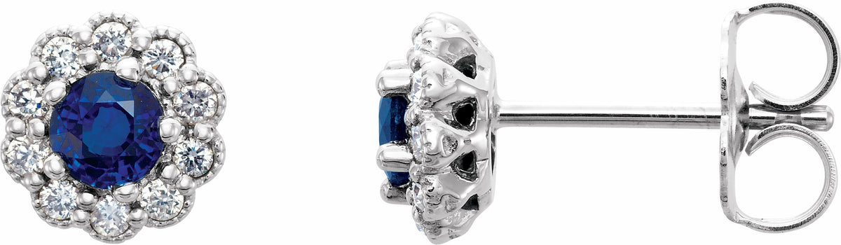 14K White 3.2 mm Round Blue Sapphire & 1/6 CTW Diamond Earrings