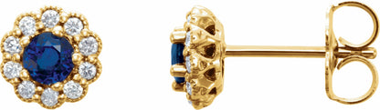 14K Yellow 3.2 mm Round Blue Sapphire & 1/6 CTW Diamond Earrings