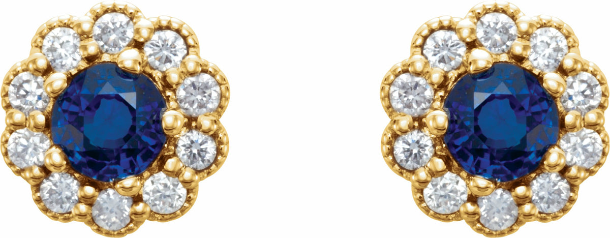 14K Yellow 3.2 mm Round Blue Sapphire & 1/6 CTW Diamond Earrings