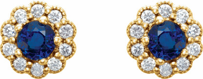 14K Yellow 3.2 mm Round Blue Sapphire & 1/6 CTW Diamond Earrings