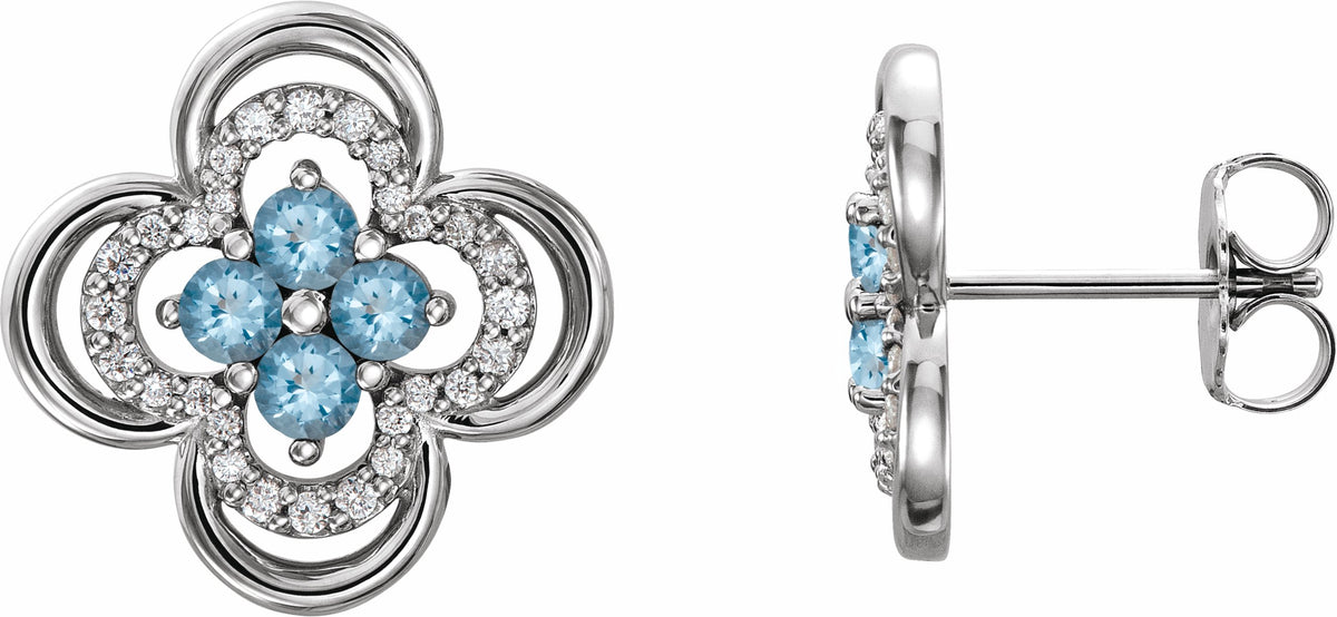 14K White Aquamarine & 1/5 CTW Diamond Clover Earrings