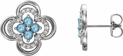 14K White Aquamarine & 1/5 CTW Diamond Clover Earrings