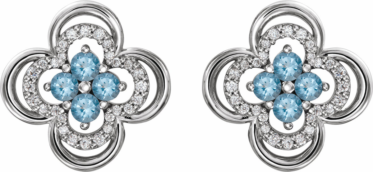 14K White Aquamarine & 1/5 CTW Diamond Clover Earrings