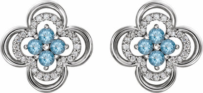 14K White Aquamarine & 1/5 CTW Diamond Clover Earrings