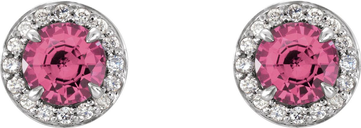 14K White 5 mm Round Pink Tourmaline & 1/8 CTW Diamond Earrings