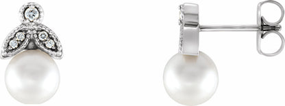 14K White Freshwater Pearl & .06 CTW Diamond Earrings