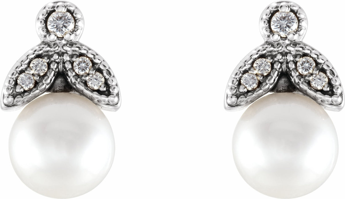 14K White Freshwater Pearl & .06 CTW Diamond Earrings