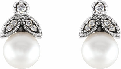 14K White Freshwater Pearl & .06 CTW Diamond Earrings