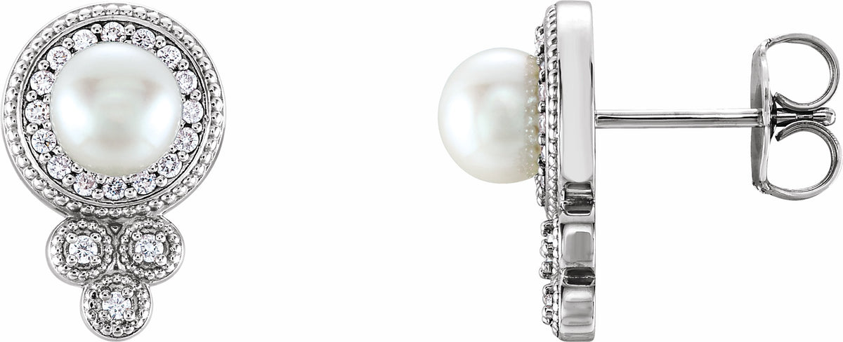 14K White Freshwater Pearl & 1/5 CTW Diamond Earrings