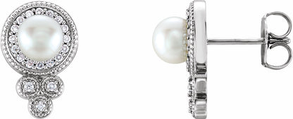 14K White Freshwater Pearl & 1/5 CTW Diamond Earrings