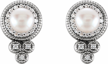 14K White Freshwater Pearl & 1/5 CTW Diamond Earrings