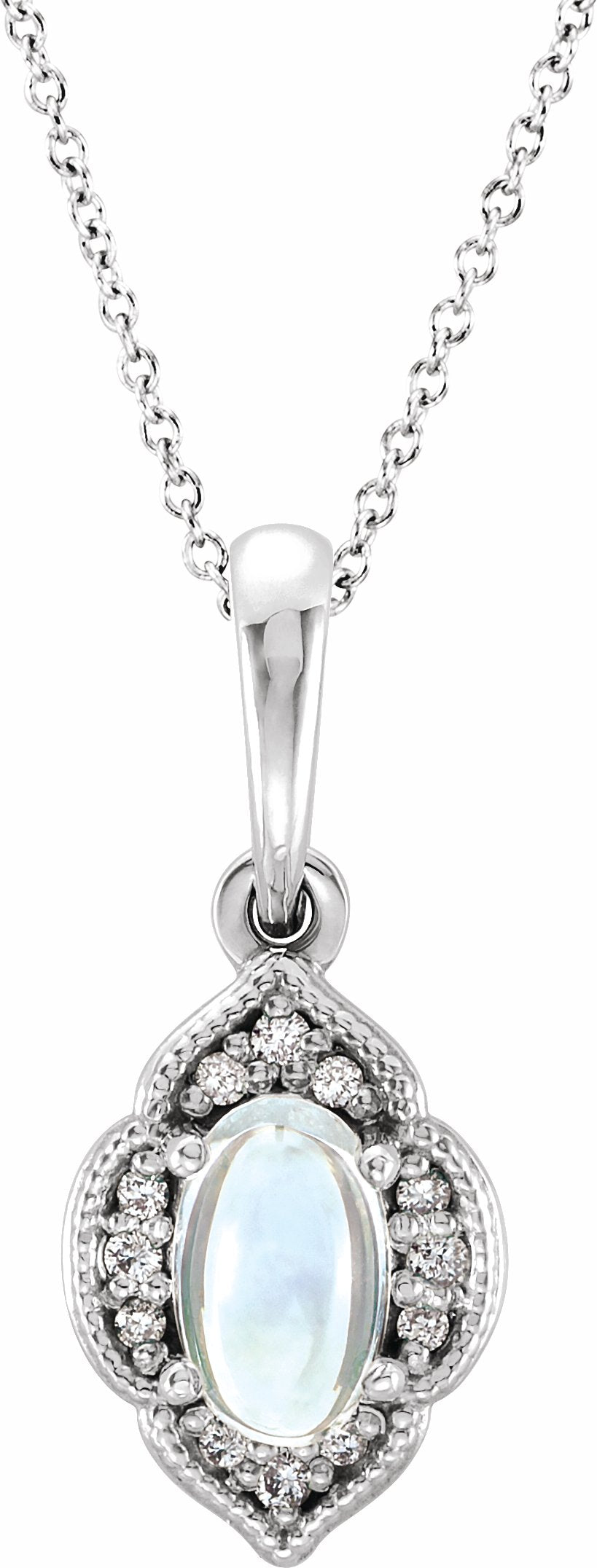 14K White Rainbow Moonstone & .03 CTW Diamond Clover 16-18 Necklace