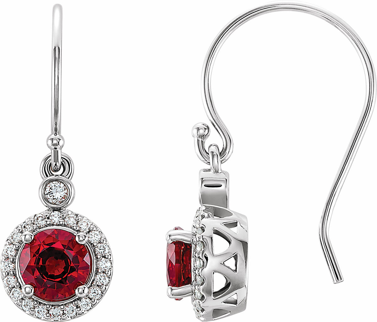 14K White Lab-Grown Ruby & 1/8 CTW Diamond Halo-Style Earrings