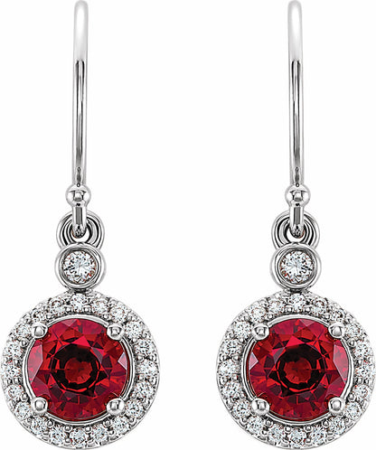 14K White Lab-Grown Ruby & 1/8 CTW Diamond Halo-Style Earrings