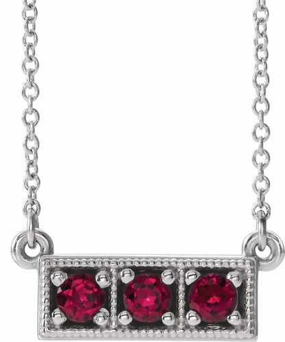 14K White Ruby Three-Stone Granulated Bar 16-18 Necklace