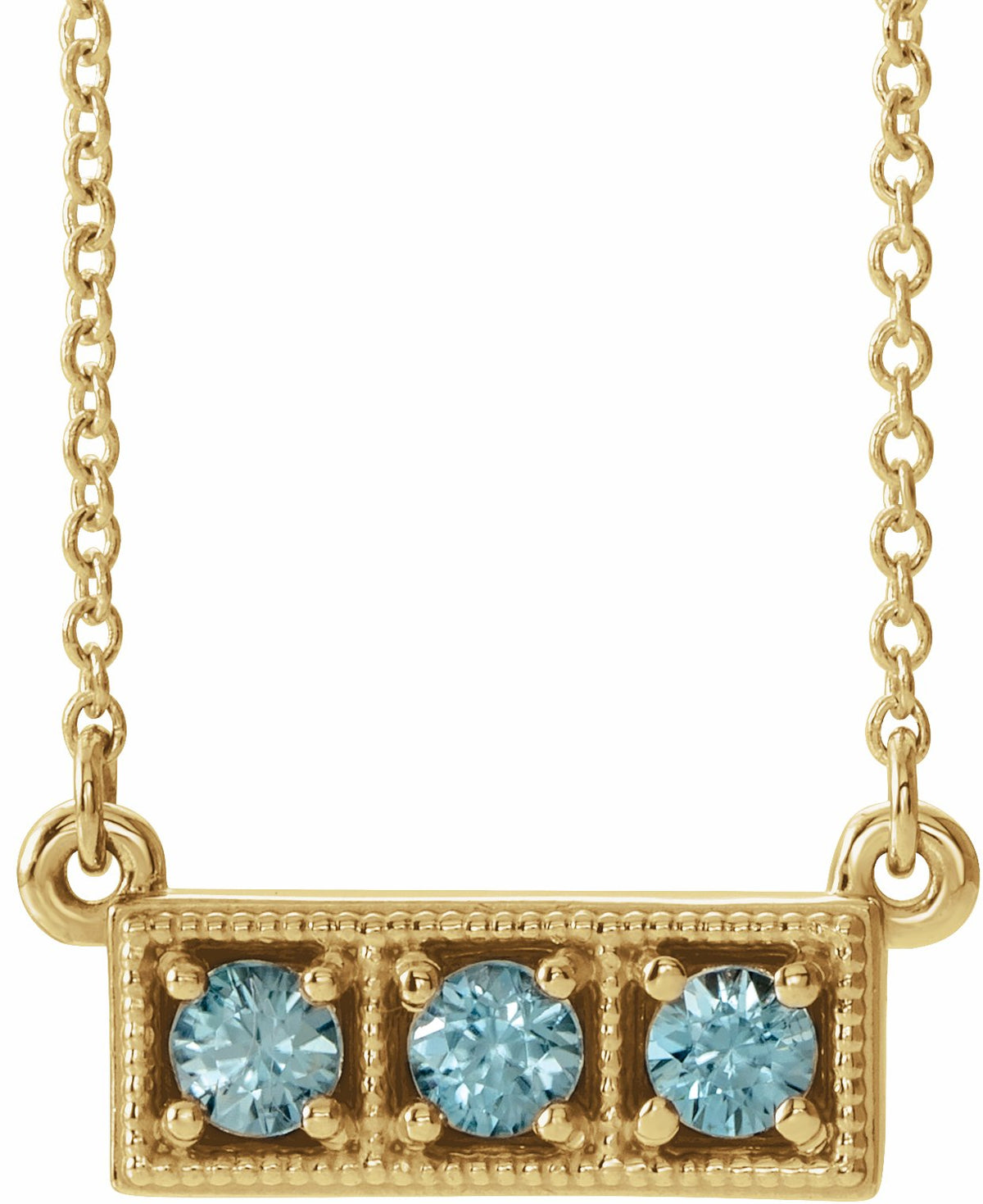 14K Yellow Blue Zircon Three-Stone Granulated Bar 16-18 Necklace