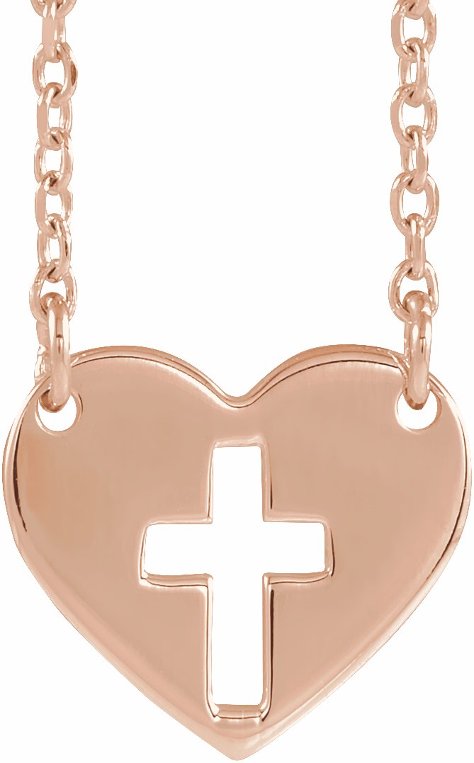 14K Rose Pierced Cross Heart 16-18 Necklace