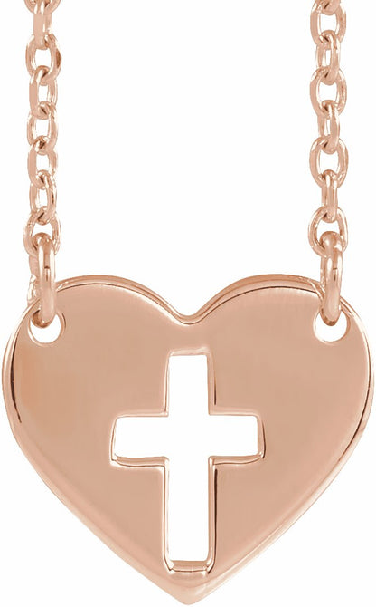 14K Rose Pierced Cross Heart 16-18 Necklace