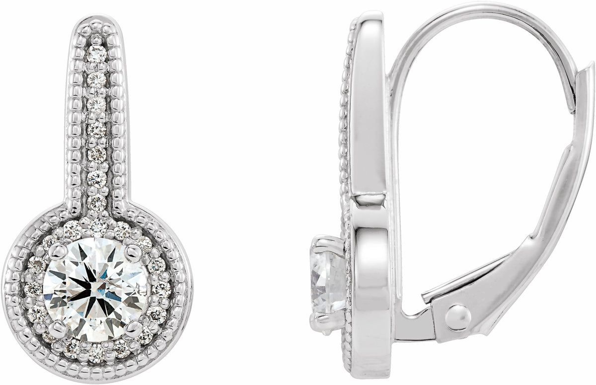 14K White 5/8 CTW Diamond Milgrain Halo-Style Dangle Earrings