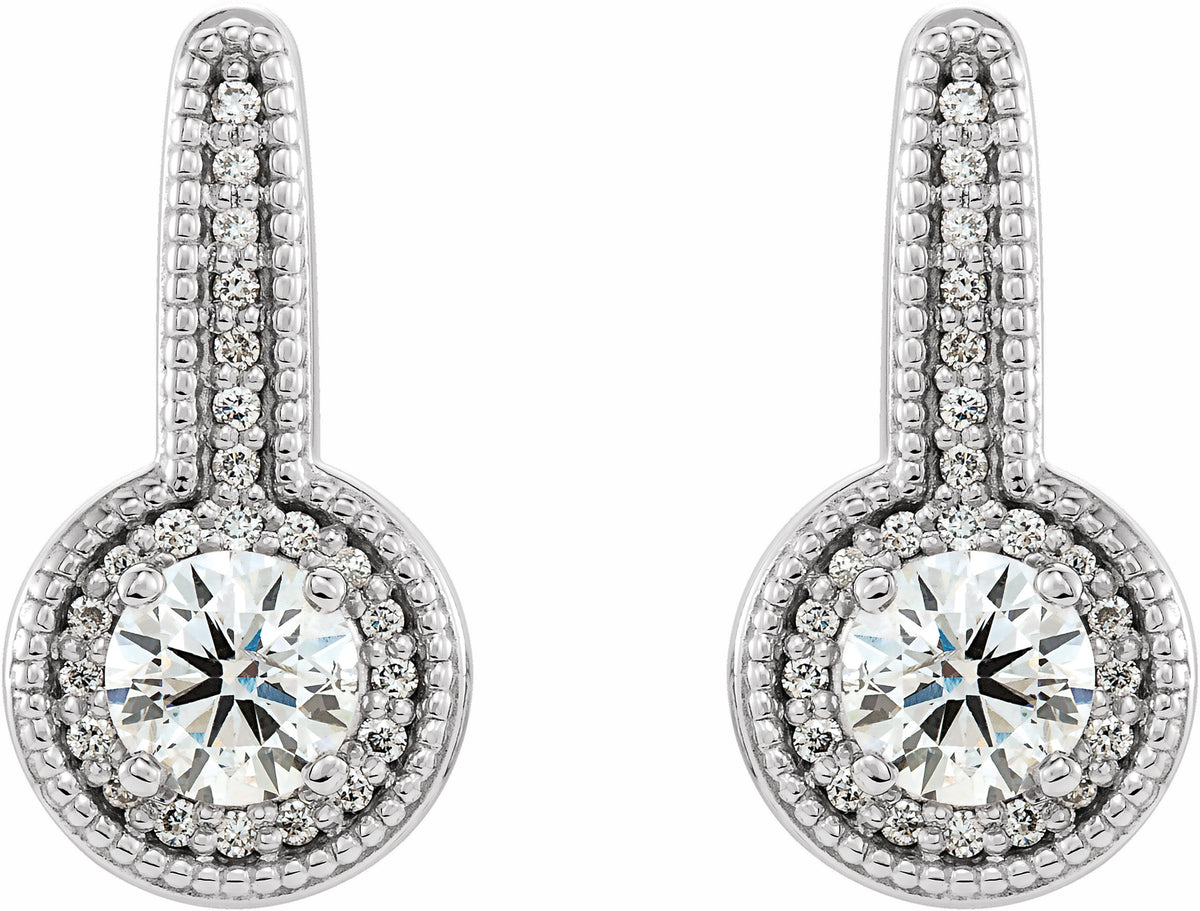 14K White 5/8 CTW Diamond Milgrain Halo-Style Dangle Earrings