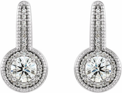 14K White 5/8 CTW Diamond Milgrain Halo-Style Dangle Earrings