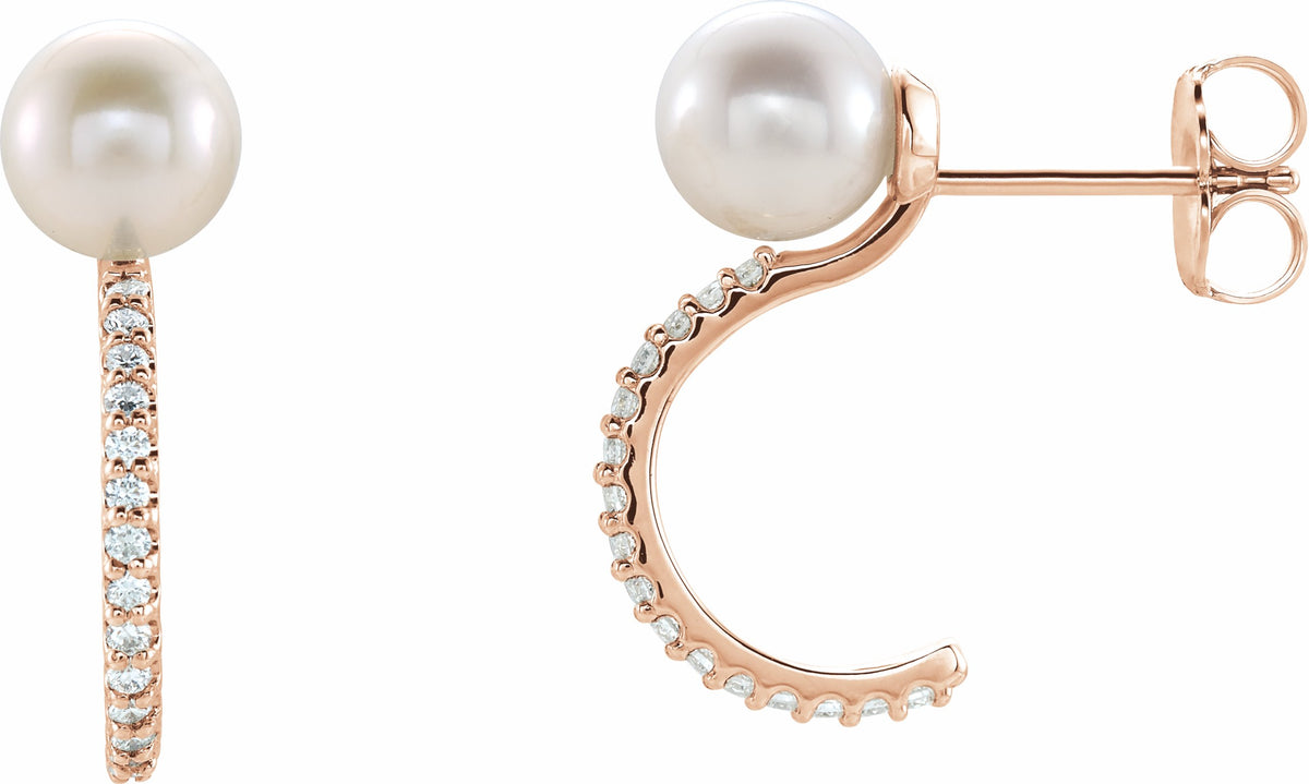 14K Rose Freshwater Cultured Pearl & 1/6 CTW Diamond Hoop Earrings
