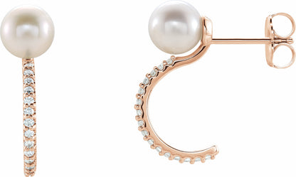14K Rose Freshwater Cultured Pearl & 1/6 CTW Diamond Hoop Earrings