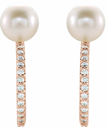 14K Rose Freshwater Cultured Pearl & 1/6 CTW Diamond Hoop Earrings