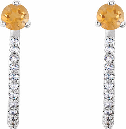 14K White Citrine & 1/6 CTW Diamond Hoop Earrings