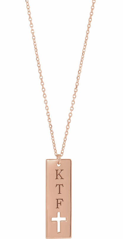 14K Rose Pierced Cross Engravable Bar 16-18 Necklace