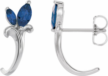 14K White Blue Sapphire Floral-Inspired J-Hoop Earrings