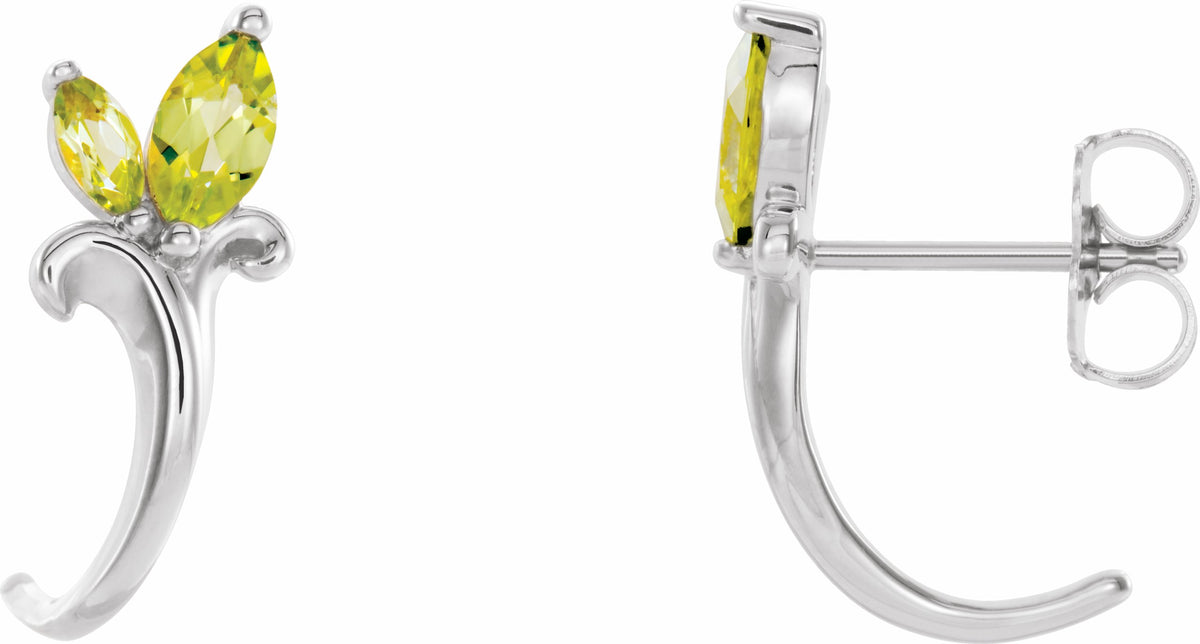 14K White Peridot Floral-Inspired J-Hoop Earrings